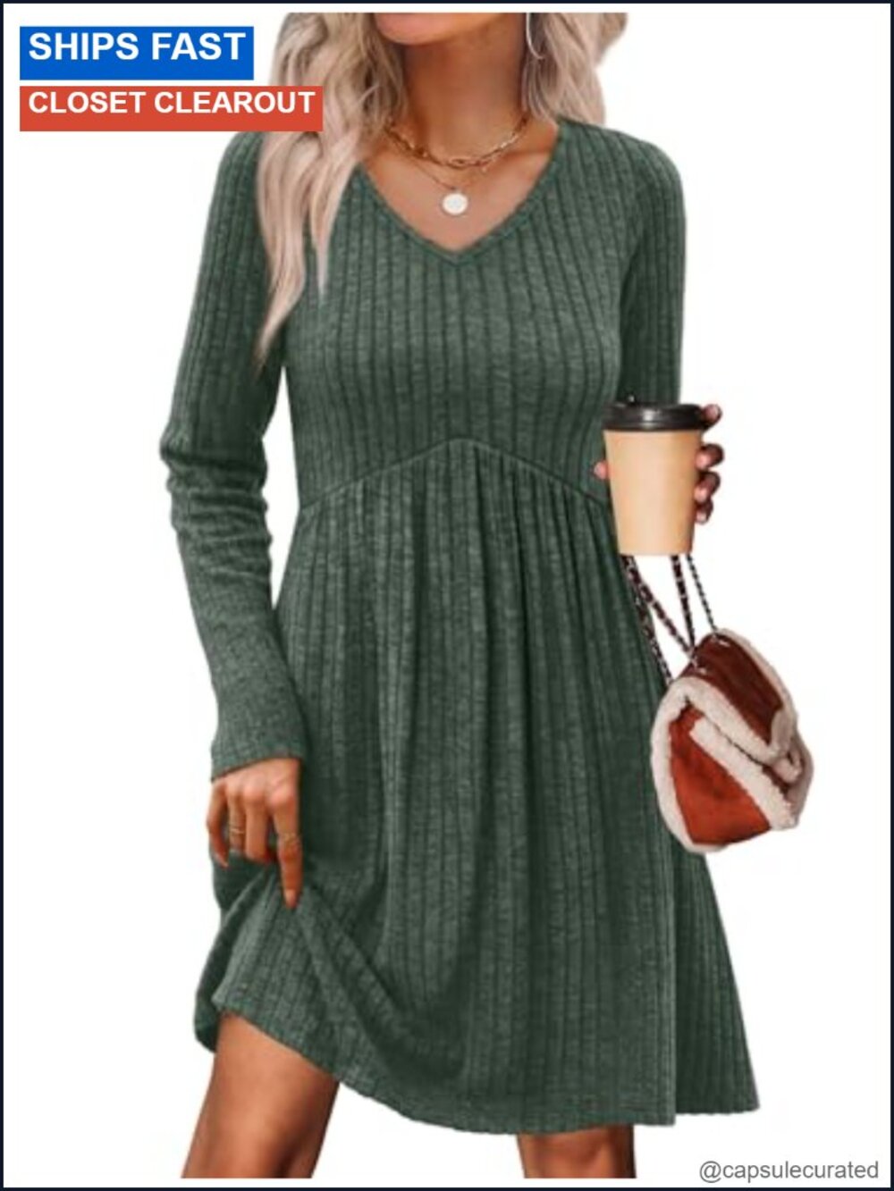 Long Sleeve V Neck Empire Waist Babydoll Sweater Dress with Pockets